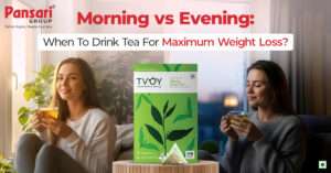 drinking tea in the morning and evening , highlighting the benefits of tea for weight loss during different times of day