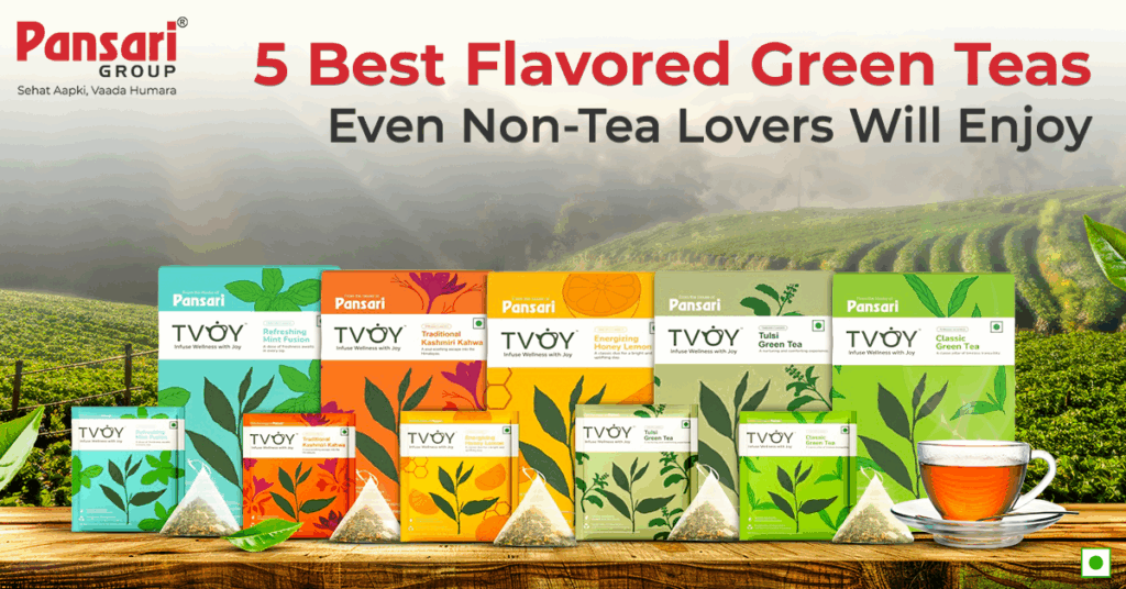 A selection of the best flavored green teas including mint, lemon ginger, tulsi, jasmine and apple cinnamon, served in cups with fresh ingredients placed around them.
