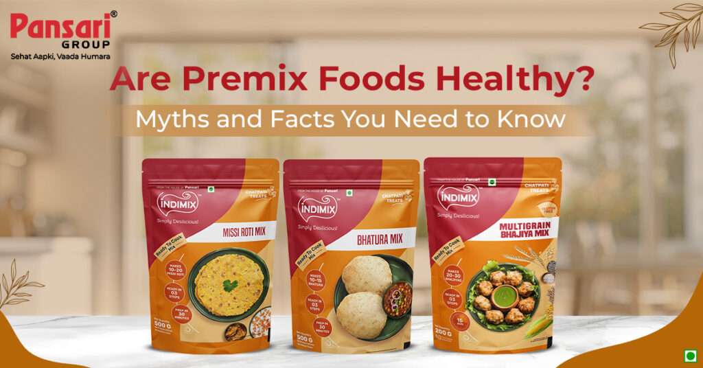 Are Premix Foods Healthy?" with ready-to-cook Missi Roti, Bhatura, and Multigrain Bhajiya mixes shown on a counter.