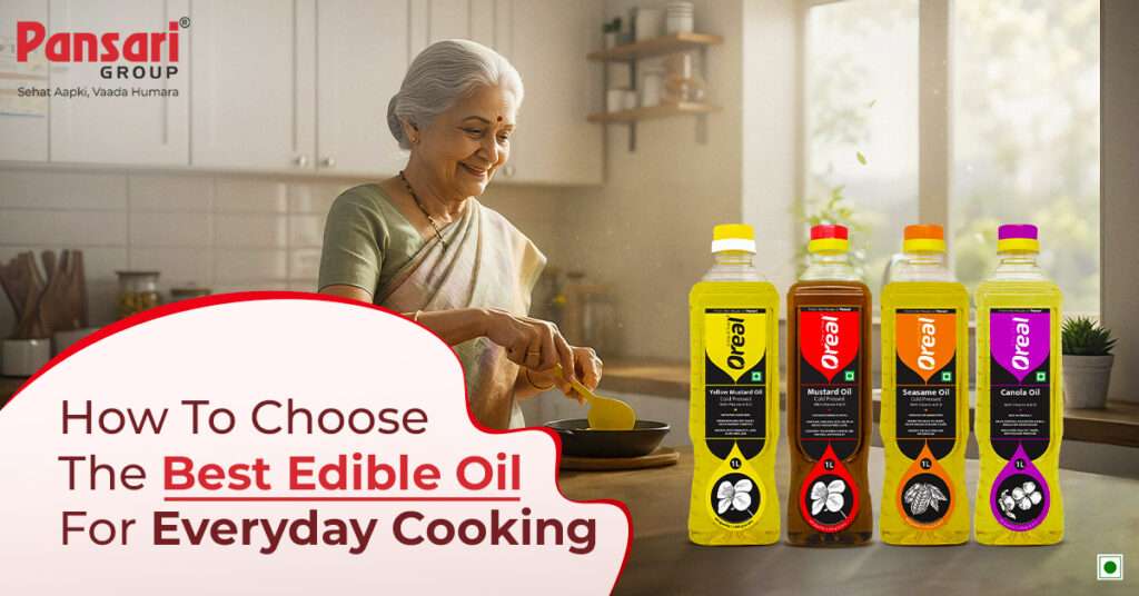 An elderly woman cooking in a kitchen, with various Pansari Qreal Edible Oil bottles displayed. A guide on choosing the best cooking oils.
